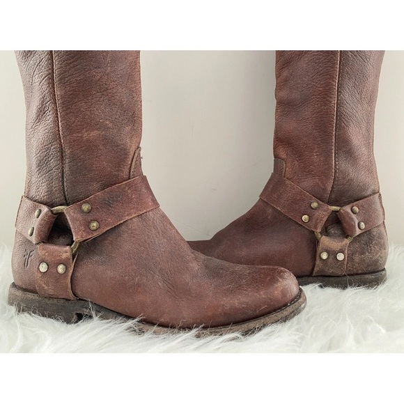 $438 FRYE Phillip Harness Tall Moto Brown Leather Riding Combat Cowboy Boots 5.5 - Picture 6 of 16
